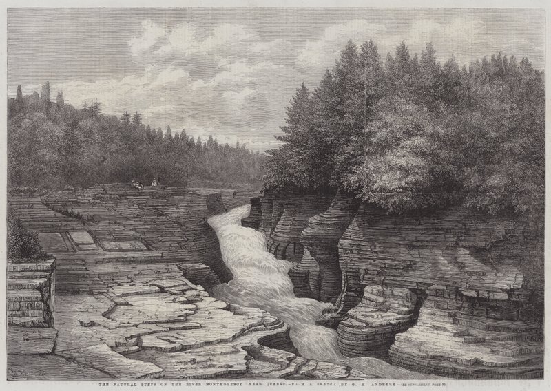 De naturlige trinnene ved elven Montmorency, nær Quebec (gravering) av English School