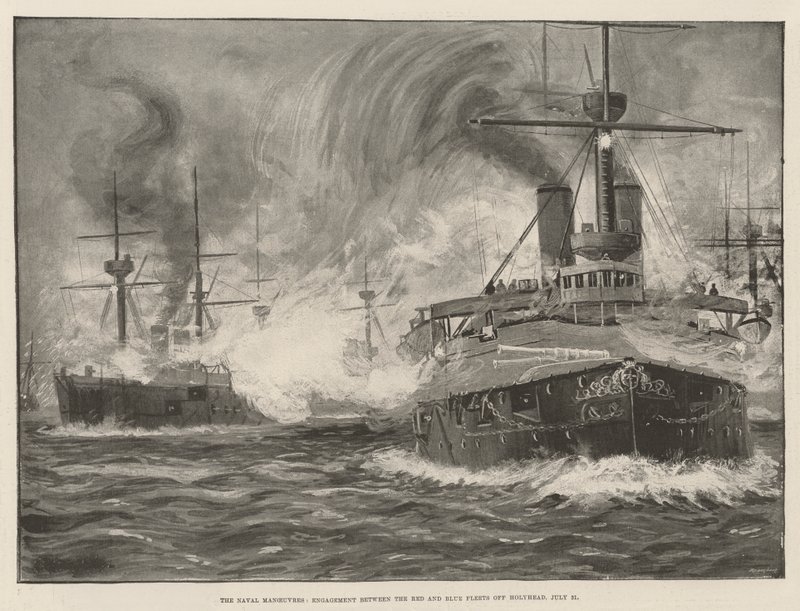 Sjømanøvrene, engasjement mellom den røde og den blå flåten utenfor Holyhead, 31. juli (litho) av English School
