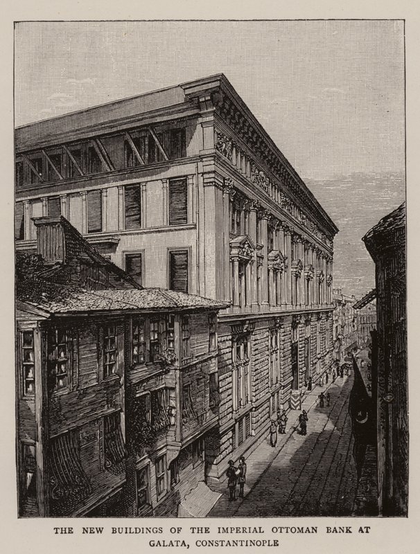 De nye bygningene til den keiserlige osmanske banken i Galata, Konstantinopel (gravering) av English School