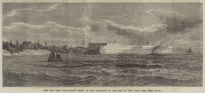 The New Fort nær Sandy Hook, ved inngangen til Bay of New York (gravering) av English School
