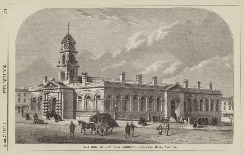 The New Market Hall, Burnley, Mr James Green, arkitekt (gravering) av English School