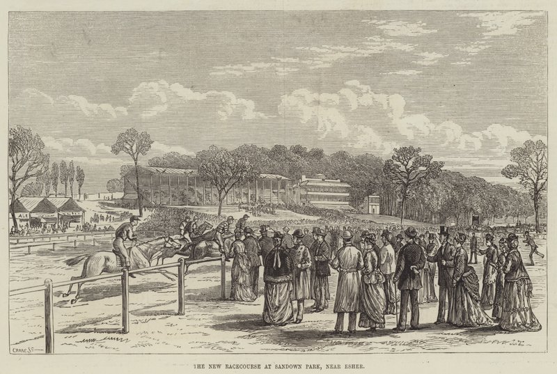 Den nye veddeløpsbanen i Sandown Park, nær Esher (gravering) av English School