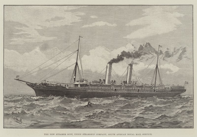 The New Steamer Scot, Union Steamship Company, South African Royal Mail Service (gravering) av English School