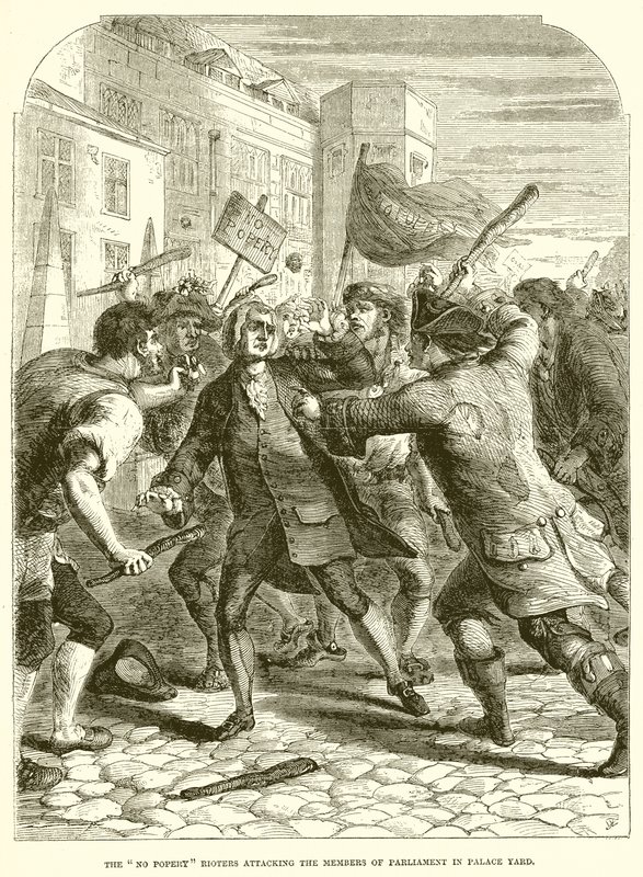 No Popery Rioters angriper parlamentsmedlemmene i Palace Yard av English School