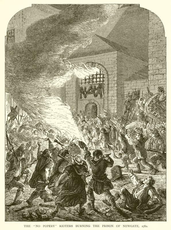 The No Popery Rioters brenner fengselet i Newgate, 1780 av English School