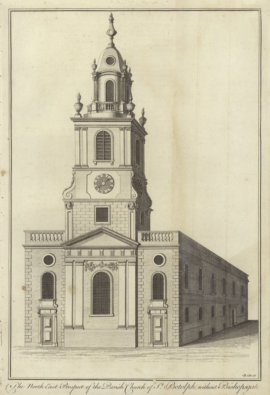 The North East Prospect of Parish Church of St Botolph without Bishopsgate, London av English School