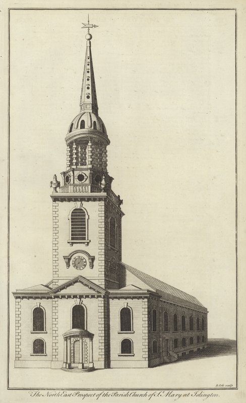 Nordøstprospektet til Parish Church of St Mary i Islington av English School