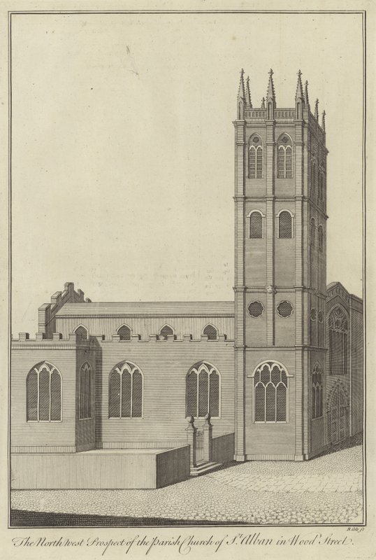 Nordvest-prospektet til Parish Church of St Alban i Wood Street, London av English School