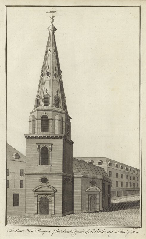 Nordvest-prospektet til Parish Church of St Anthony i Budge Row, London av English School
