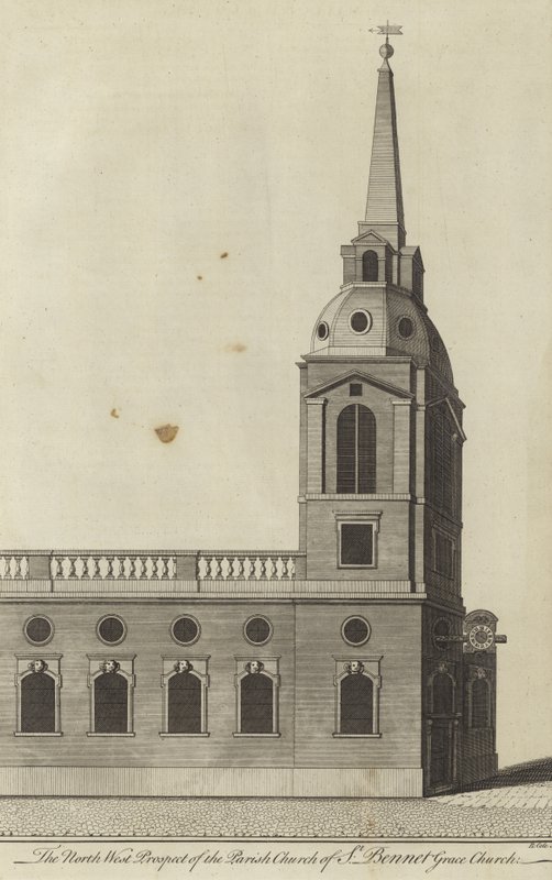 Nordvest-prospektet til Parish Church of St Benet Gracechurch, London av English School