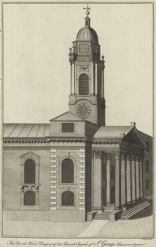 Nordvest-prospektet til Parish Church of St George, Hanover Square, London av English School