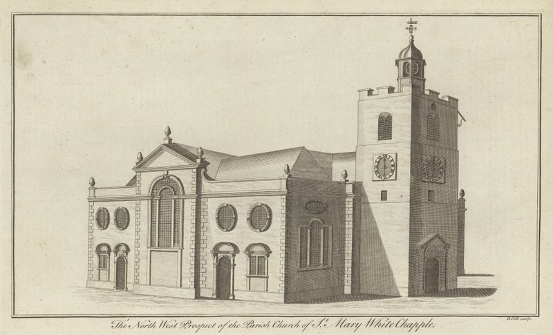 Nordvest-prospektet til Parish Church of St Mary Whitechapel, London av English School