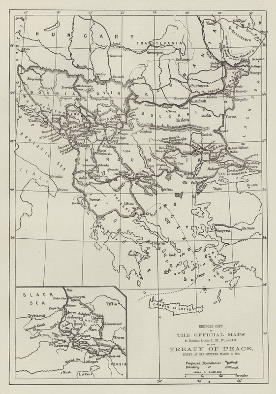 De offisielle kartene over fredstraktaten, signert i San Stefano, 3. mars 1878 (gravering) av English School