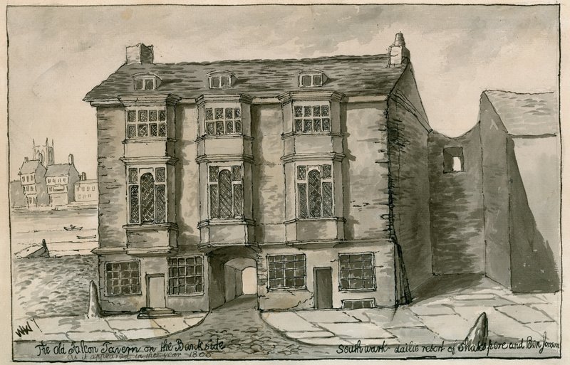 The Old Falcon Tavern på Bank-siden, slik den så ut i år 1805 av English School