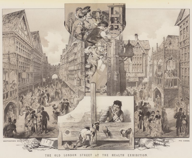 The Old London Street på Health Exhibition (farge litho) av English School