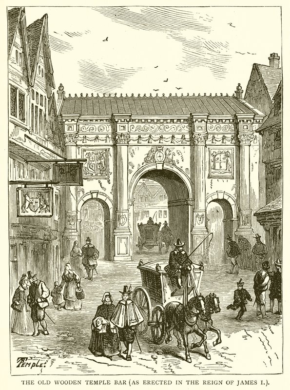 The Old Wooden Temple Bar (som reist i Reign of James I) av English School
