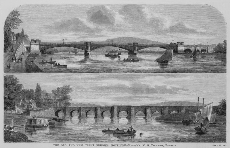 The Old and New Trent Bridges, Nottingham (gravering) av English School