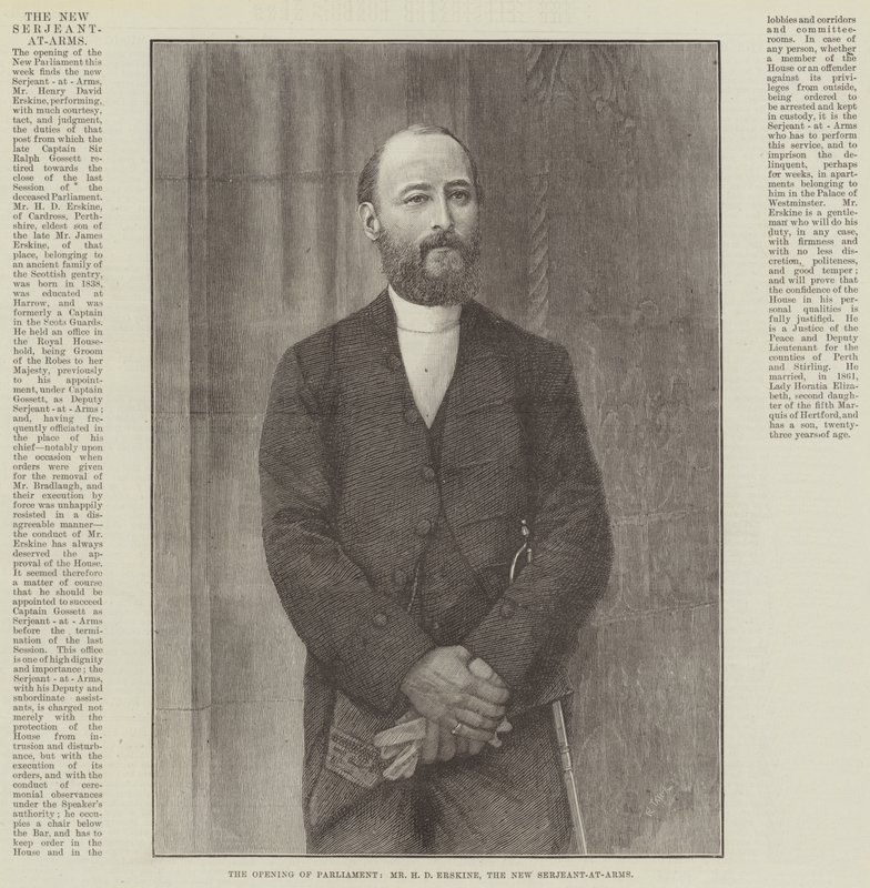 Åpningen av parlamentet, Mr H D Erskine, den nye serjeant-at-arms (gravering) av English School