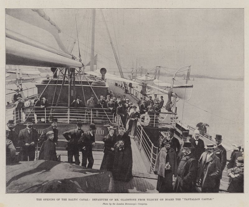 Åpningen av den baltiske kanalen, Mr Gladstones avgang fra Tilbury om bord på "Tantallon Castle" (gravering) av English School