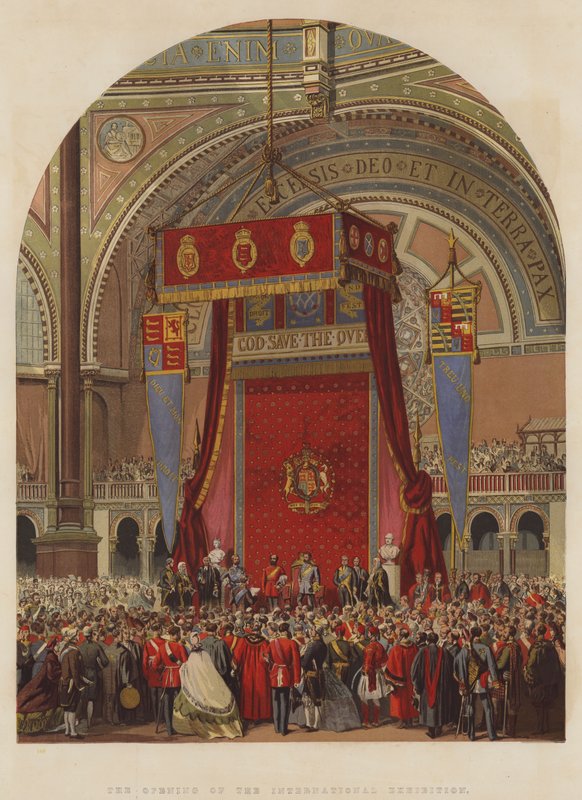 Åpningen av den internasjonale utstillingen (farge litho) av English School