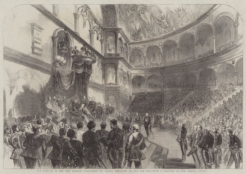 Åpningen av det nye italienske parlamentet av Victor Emmanuel den 18. Ult (gravering) av English School