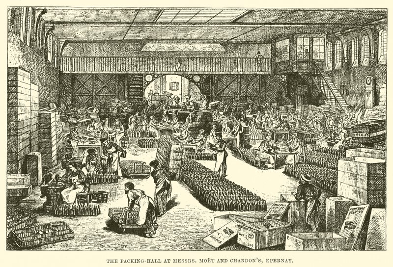 Pakkehallen på Mrs Moet og Chandon's, Epernay (gravering) av English School