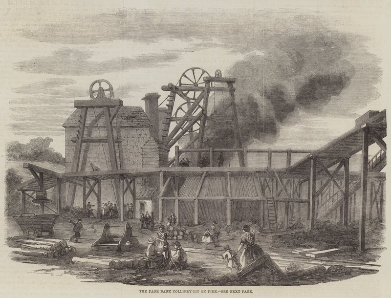 The Page Bank Colliery-Pit on Fire (gravering) av English School