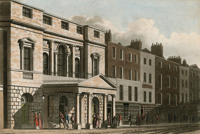 Den palladiske fasaden og inngangsportikken til Pantheon i 1814 av English School