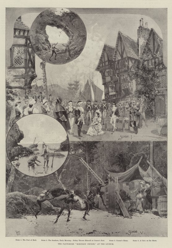 Pantomimen "Robinson Crusoe," på Lyceum (litho) av English School
