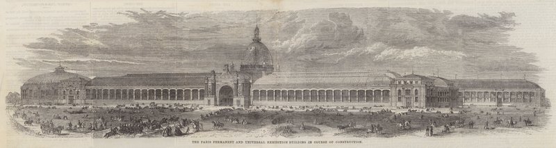 Paris permanente og universelle utstillingsbygning under konstruksjon (gravering) av English School