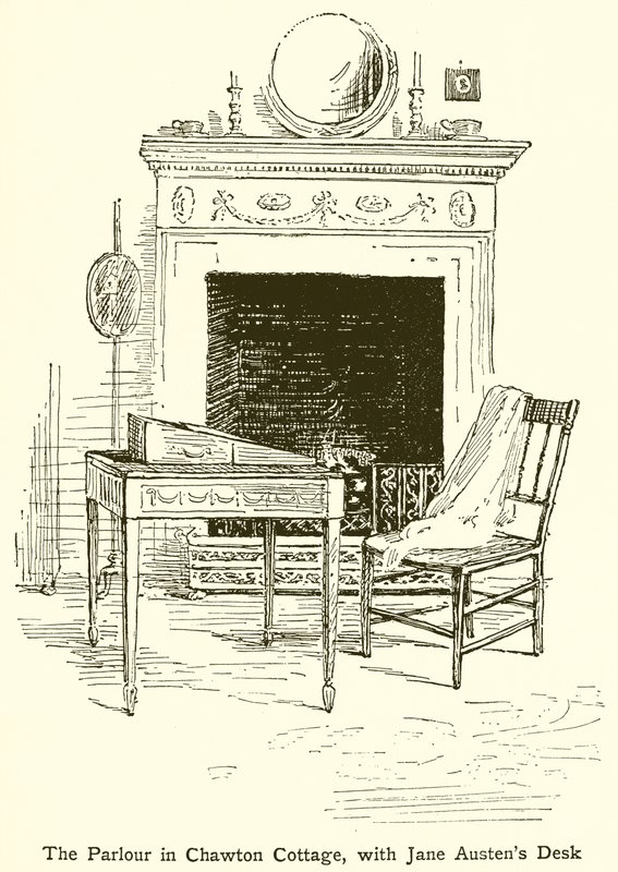 The Parlor in Chawton Cottage, med Jane Austens Desk av English School
