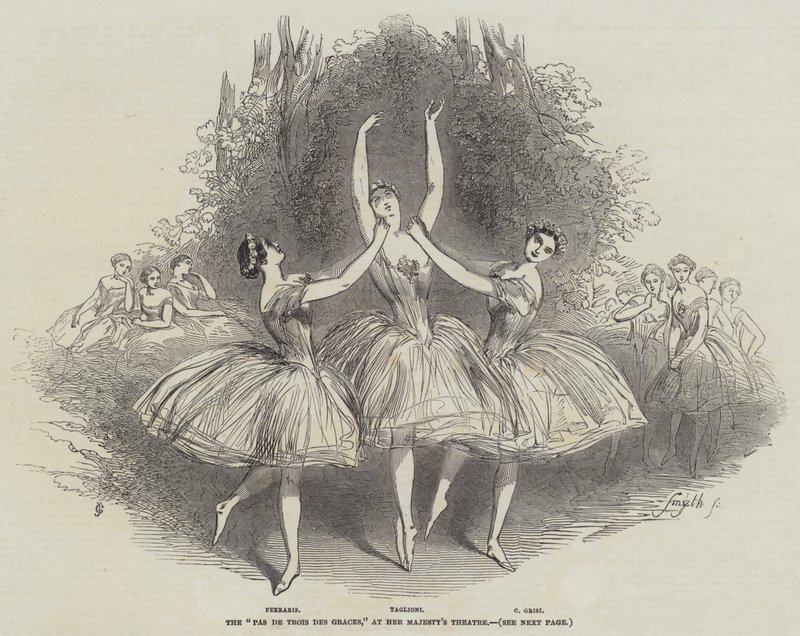 "Pas de Trois des Graces," ved Hennes Majestets teater (gravering) av English School