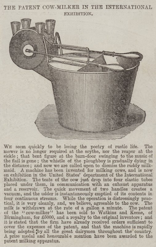 Patent Cow-Milker i den internasjonale utstillingen (gravering) av English School