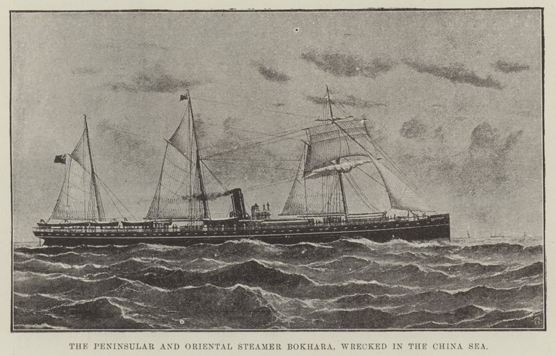 Peninsular og Oriental Steamer Bokhara, vraket i Kinahavet (litho) av English School