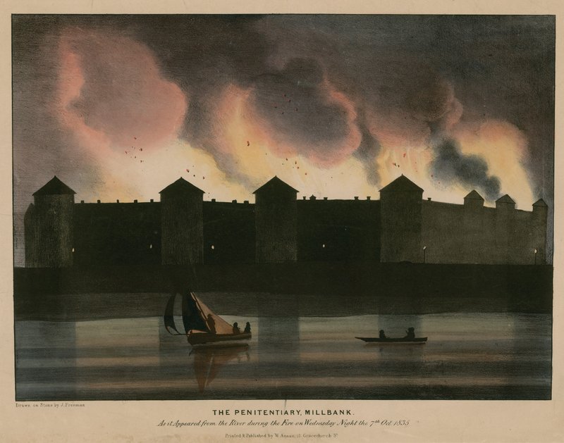 Penitentiary, Millbank, London, slik det så ut fra elven under brannen natt til 7. oktober 1835 av English School
