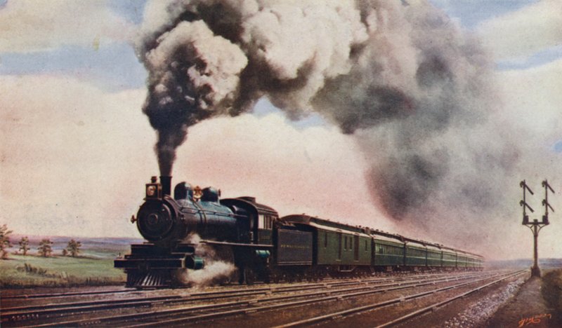 Pennsylvania Limited i full fart, Pennsylvania Railroad, USA av English School