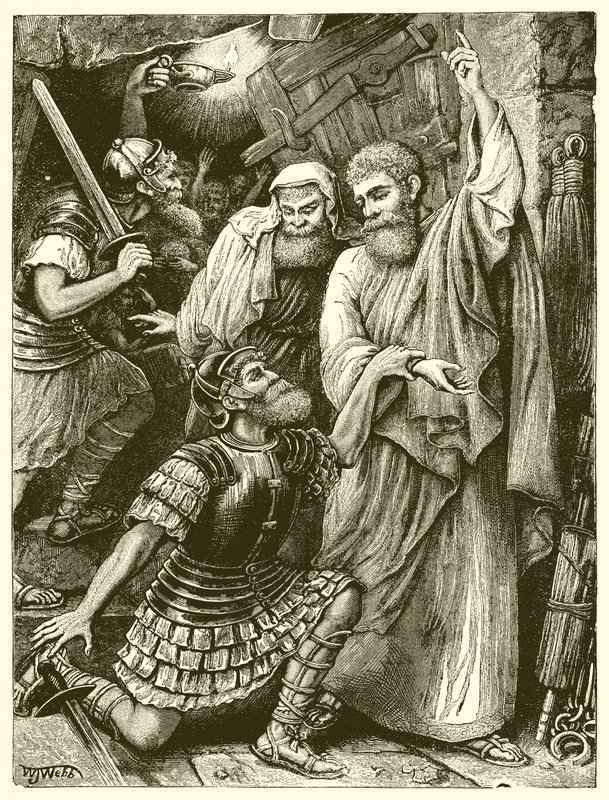Den filippiske fangevokteren foran Paulus og Silas av English School