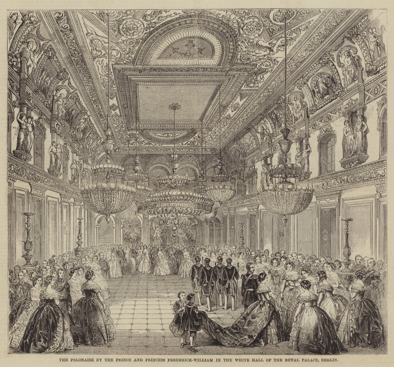 Polonaisen av prinsen og prinsesse Frederick-William i den hvite salen i det kongelige slott, Berlin (gravering) av English School
