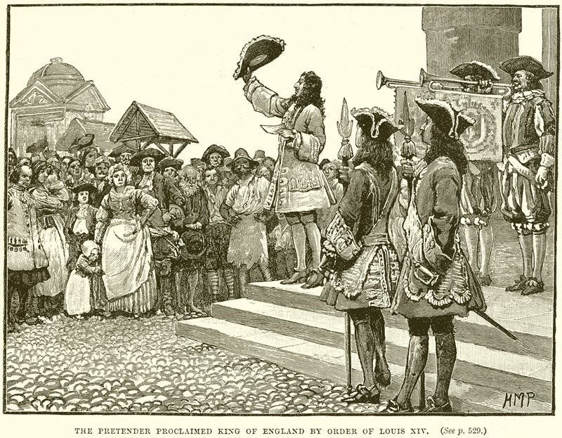 The Pretender utropt til konge av England etter ordre fra Ludvig XIV av English School