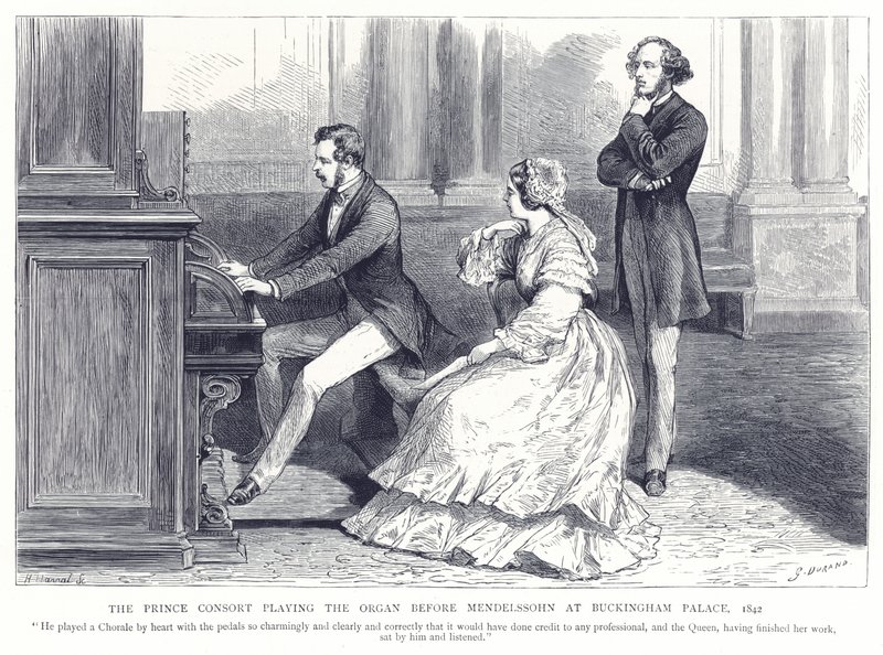 Prinsgemalen spilte orgel før Mendelssohn på Buckingham Palace, 1842 av English School