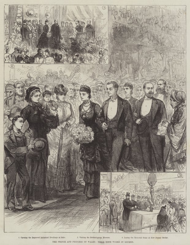 Prinsen og prinsessen av Wales, deres gode gjerninger i London (gravering) av English School