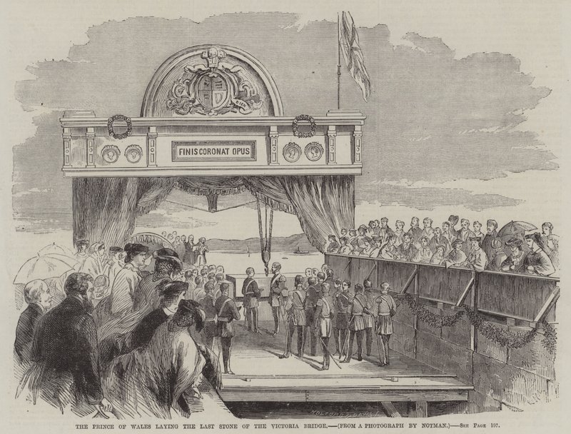 Prinsen av Wales legger den siste steinen på Victoria Bridge (gravering) av English School