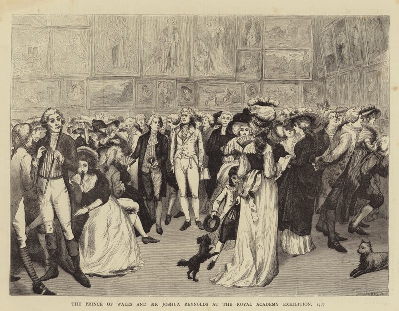 Prinsen av Wales og Sir Joshua Reynolds på Royal Academy Exhibition av English School