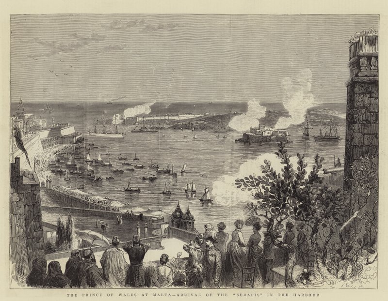 Prinsen av Wales på Malta, ankomst til "Serapis" i havnen (gravering) av English School