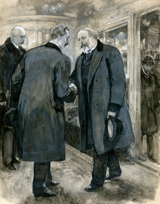 Prinsen av Wales hilser den tyske keiseren, Charing Cross Station, 20. januar 1901 (wc på papir) av English School