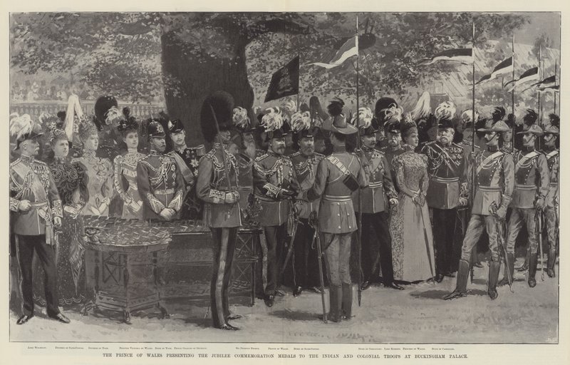 Prinsen av Wales overrekker jubileumsmedaljene til de indiske og koloniale troppene ved Buckingham Palace (litho) av English School