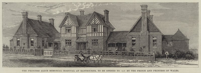 Princess Alice Memorial Hospital i Eastbourne, som åpnes i dag av prinsen og prinsessen av Wales (gravering) av English School
