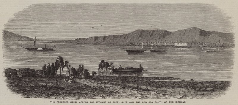 Den foreslåtte kanalen over Isthmus of Suez, Suez og Rødehavet, sør for Isthmus (gravering) av English School