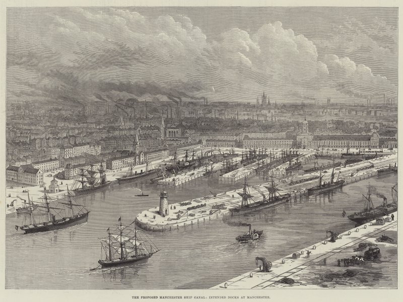 Den foreslåtte Manchester Ship Canal, tiltenkte dokker i Manchester (gravering) av English School