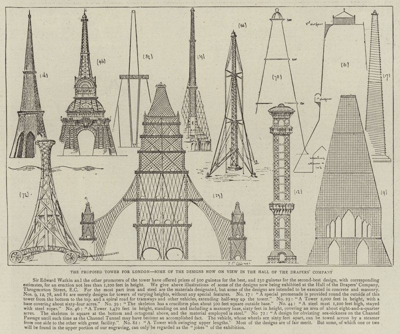 The Proposed Tower for London, noen av designene som nå vises i Hall of the Drapers